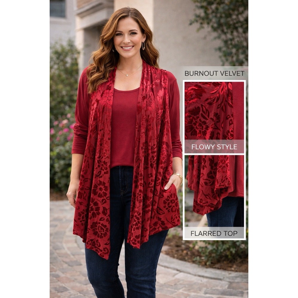 Logo Lavish Lori Goldstein Open Vest Sz L Velvet Burnout Red Boho Romantic